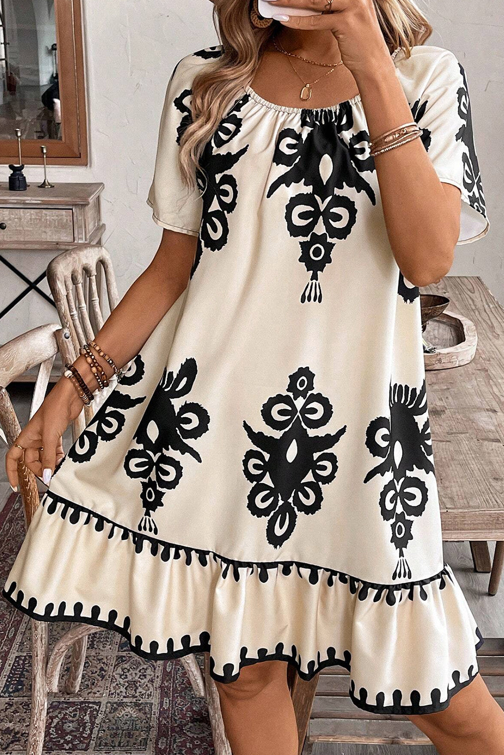 Western Print Ruffled Short Sleeve Loose Dress