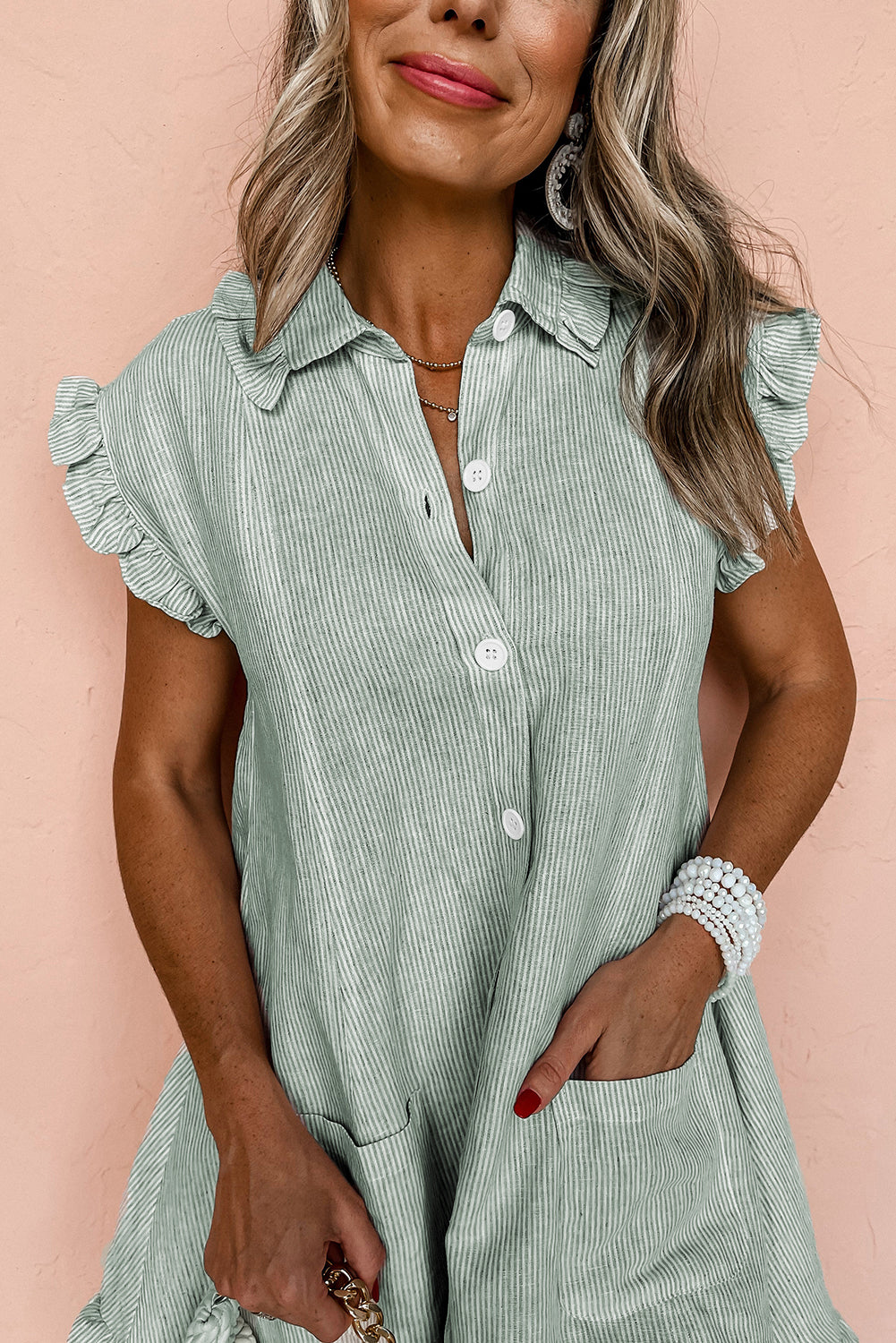 Frilled Sleeveless Collar Front Pocket Button Up Mini Dress