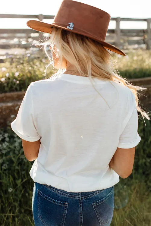 White Tassel Bowknot Print Round Neck Western Fashion T Shirt