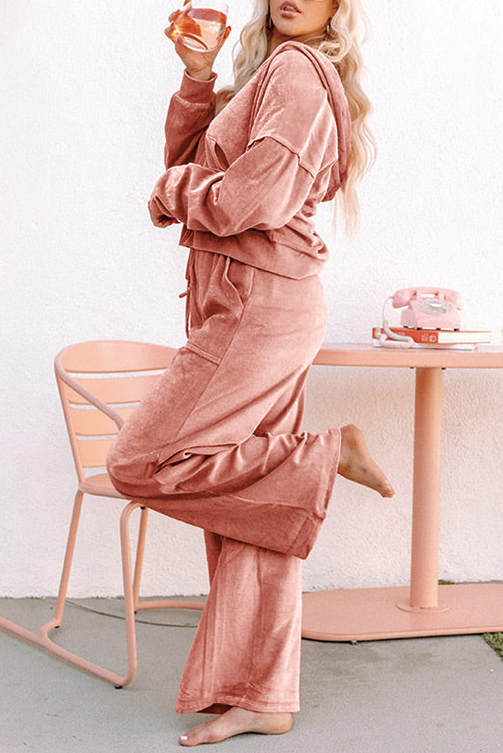 Velvet Zip-up Hoodie and Wide Leg Pants Set