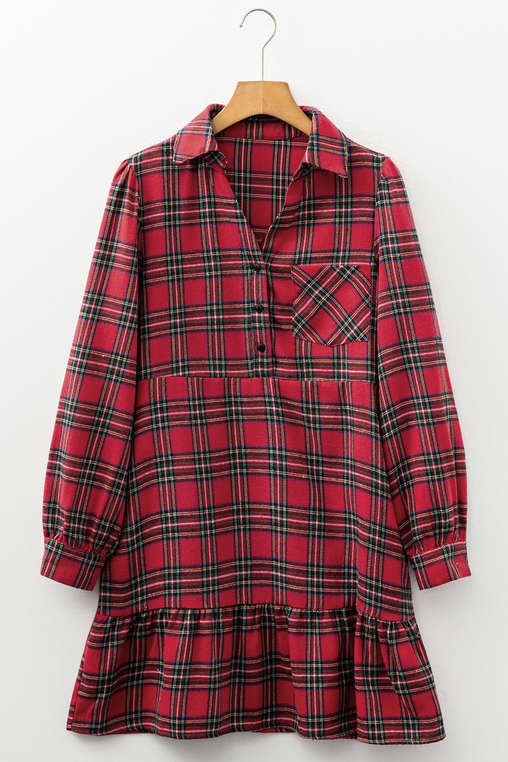 Plaid Shirt Collar Half Button Ruffle Hem Long Sleeve Mini Dress