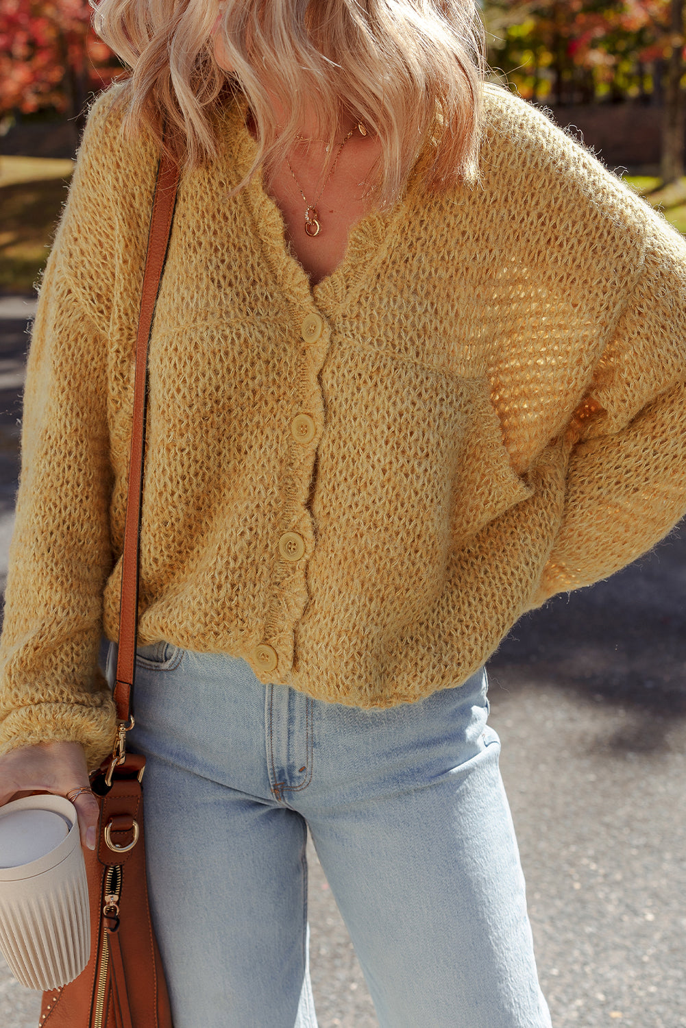 Lantern Sleeve Scallop V Neck Buttoned Front Cardigan