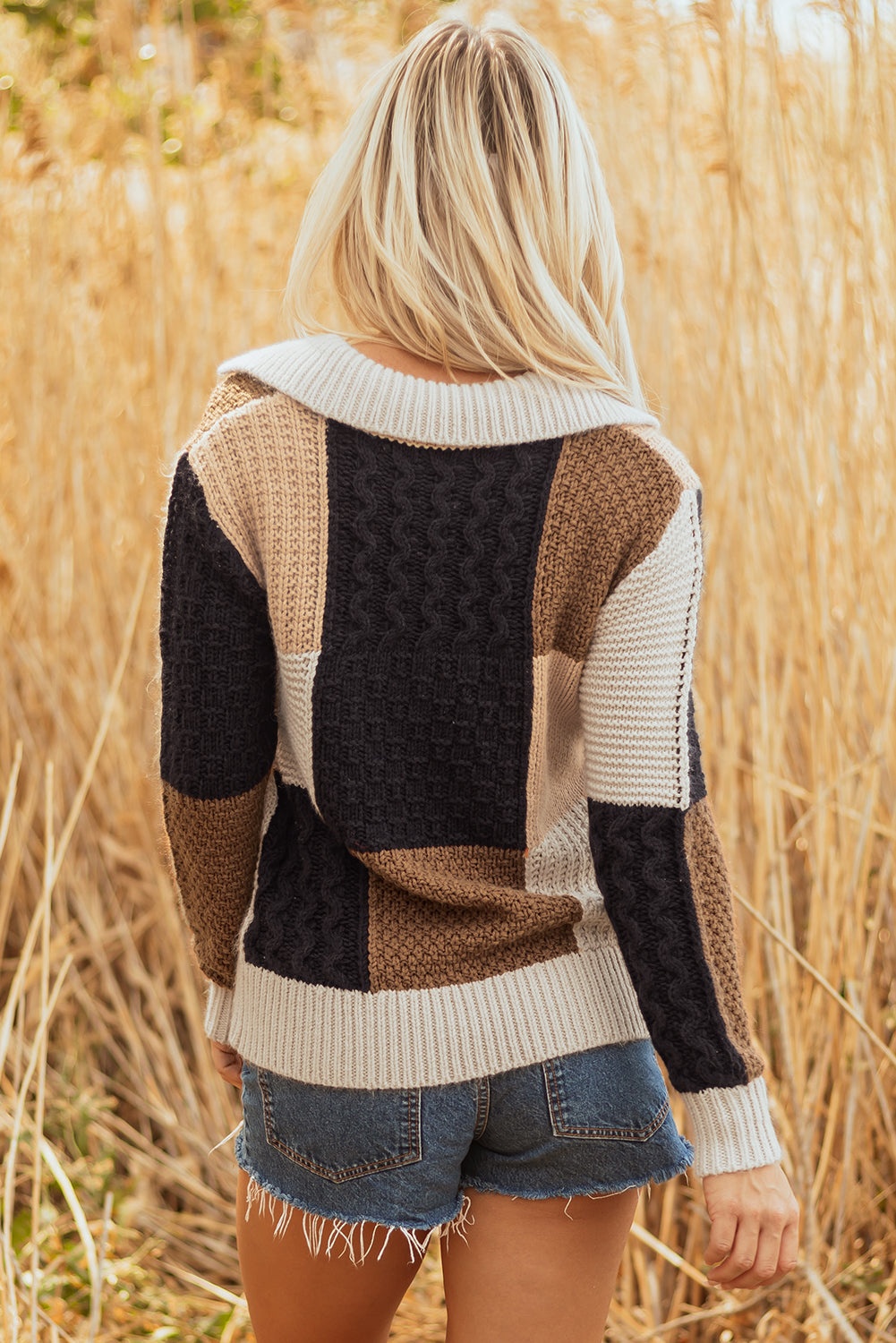 Block Cable Knit Sleeve Buttons Collared Sweater