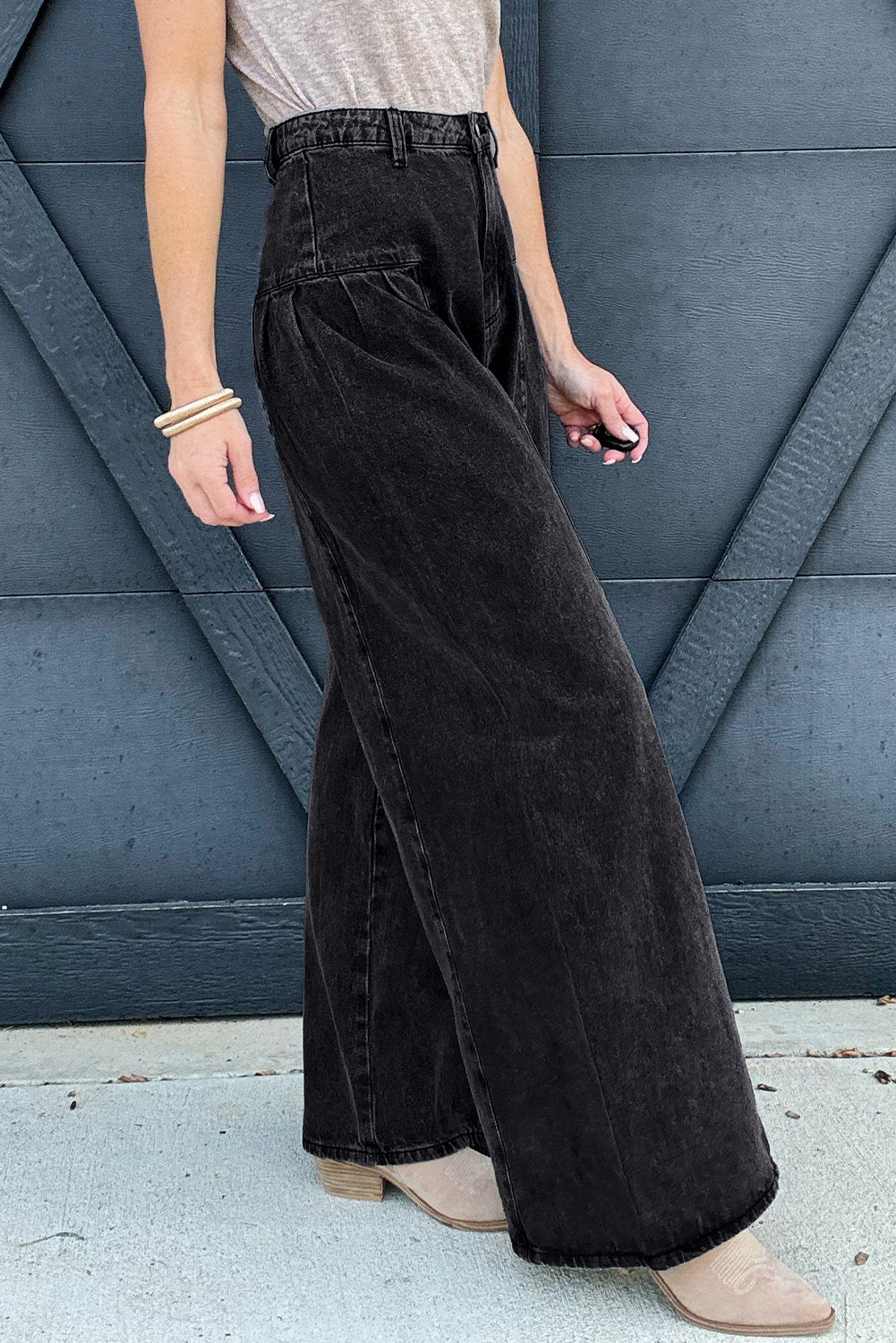 Pleated Wide Leg Mineral Wash Denim Pants