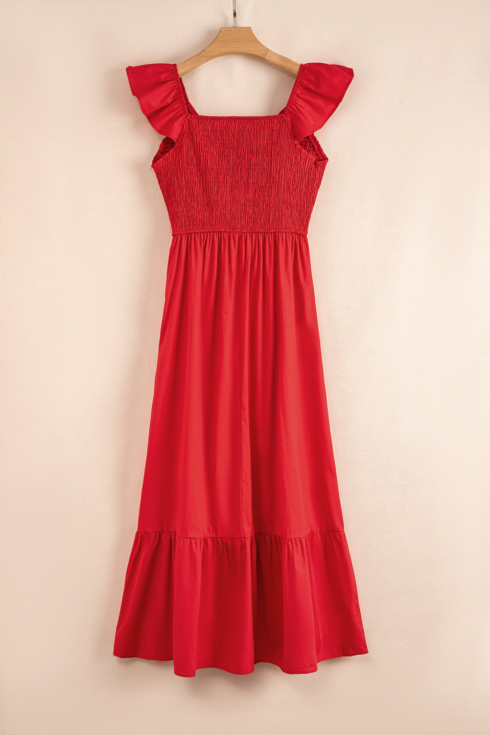 V Neck Flutter Sleeve Smocked Bodice High Waist Ruffle Maxi Dress