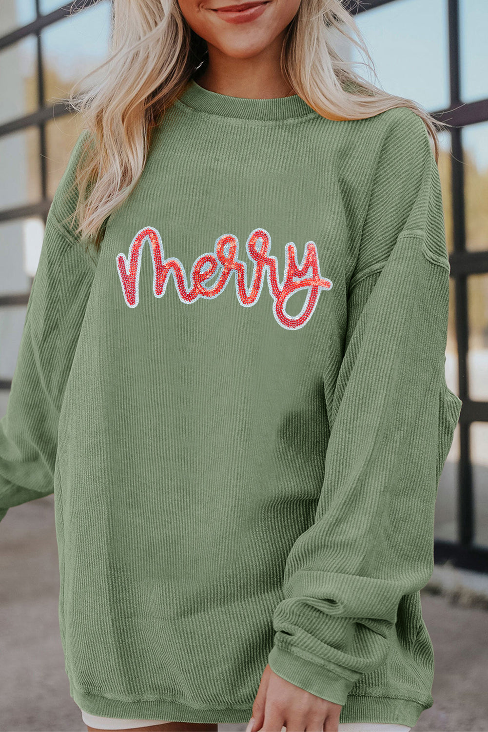 Sequined merry Letter Graphic Twisted Ribbed Baggy Sweatshirt