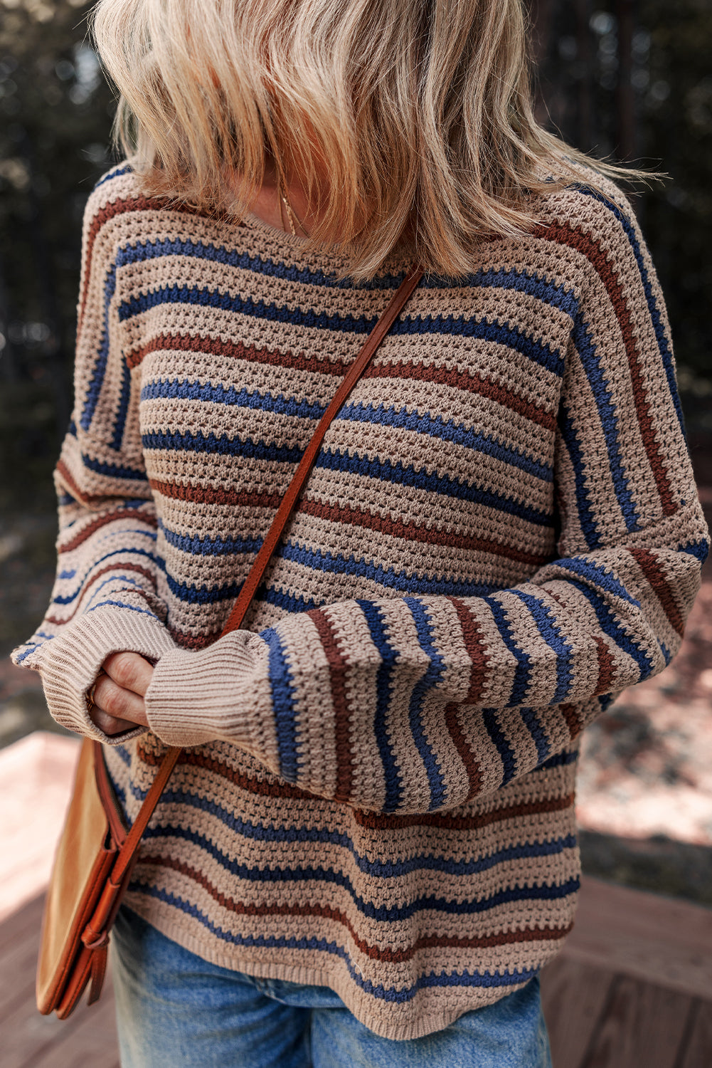 Striped Knitted Drop Shoulder Round Neck Sweater