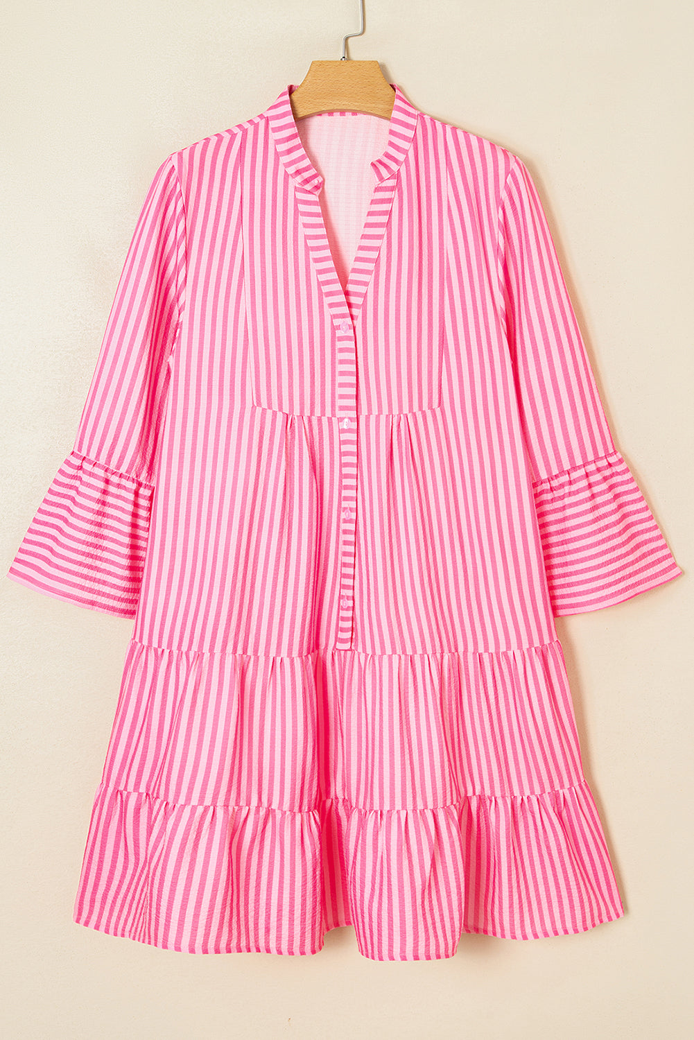 Stripe Flare Sleeve Half Placket Tiered Flowy Mini Dress