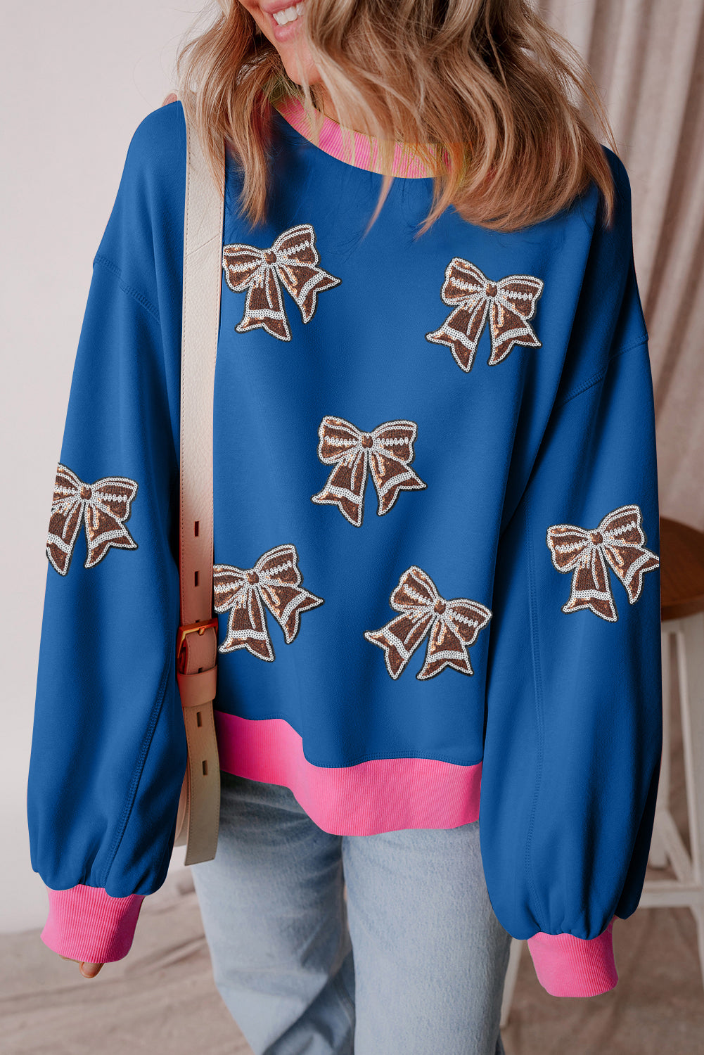 Colorblock Patchwork Sequin Rugby Bow Patched Puff Sleeve Sweatshirt