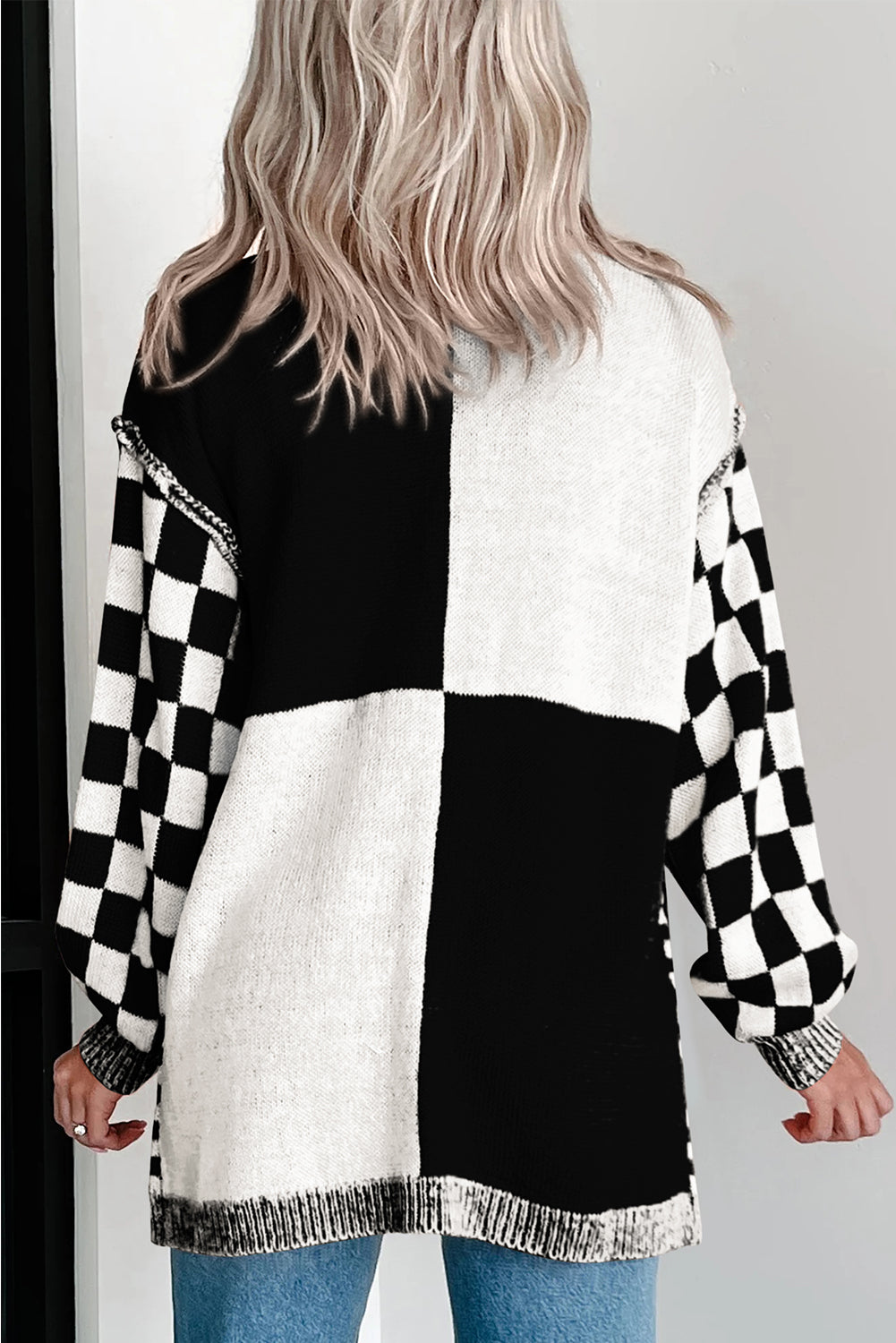 Checkered Open Front Drop Shoulder Cardigan