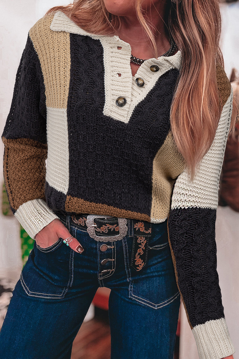 Block Cable Knit Sleeve Buttons Collared Sweater