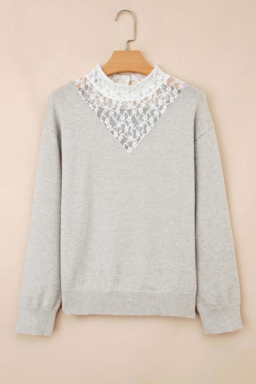 Button Keyhole Lace Patchwork Drop Shoulder Sweater