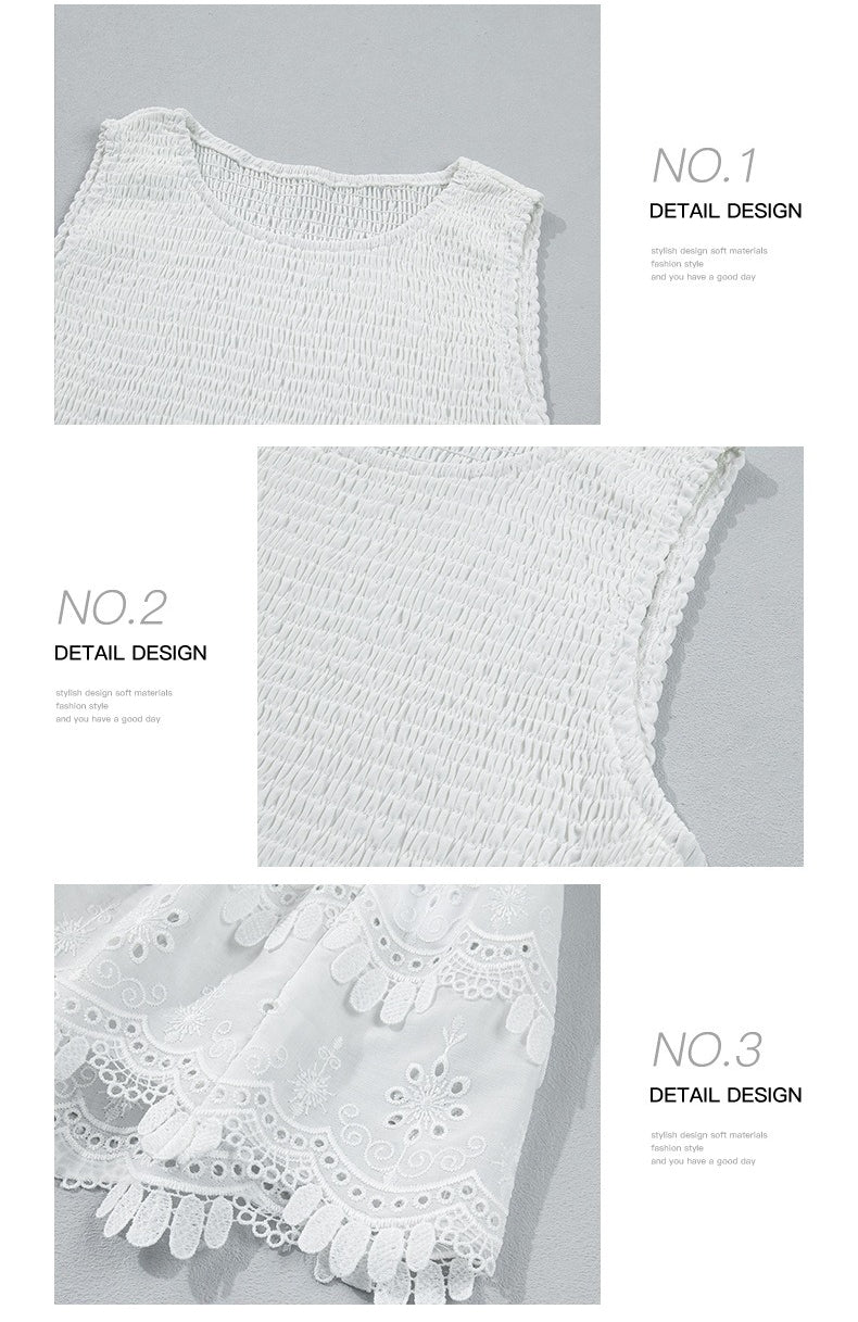 White Sleeveless Smocked Lace Peplum Top