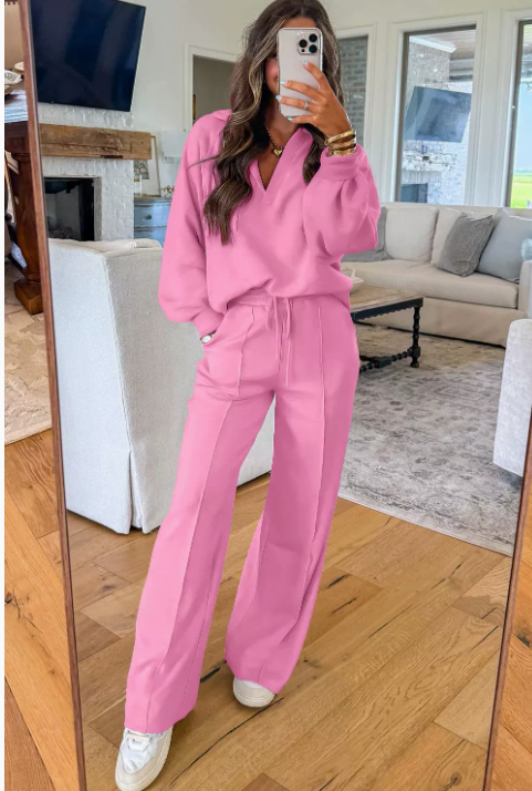 V Neck Pullover and Drawstring Sweatpants Set