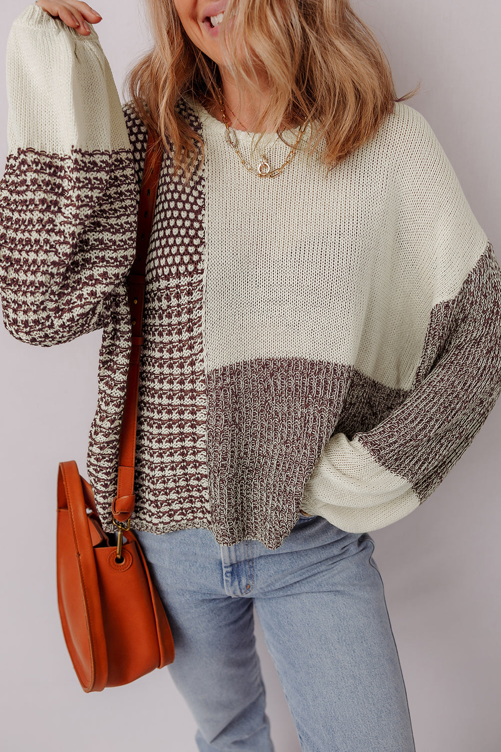 Block Back Tie Drop Shoulder Loose Sweater