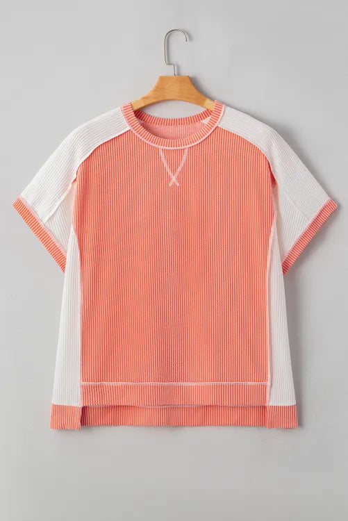 Carrot Twist Rib Colorblock Hi Low Plus Size Short Sleeve Top