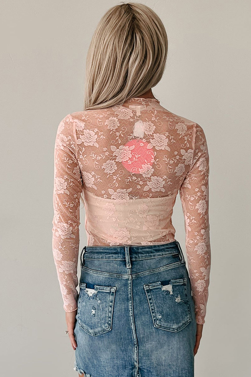 Sheer Floral Lace Mesh Mock Neck Long Sleeve Top