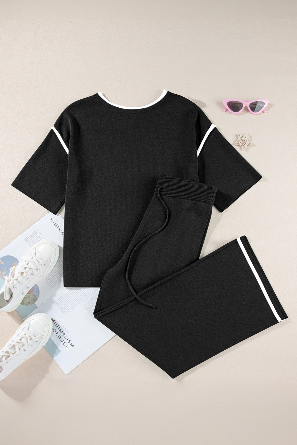 Contrast Trim Half Sleeve Top Drawstring Pants Loose 2pcs Sweater Suit