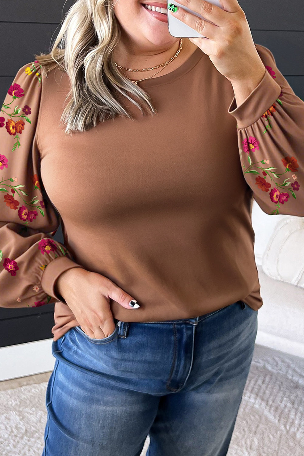 Floral Sleeve Patchwork Round Neck Plus Blouse