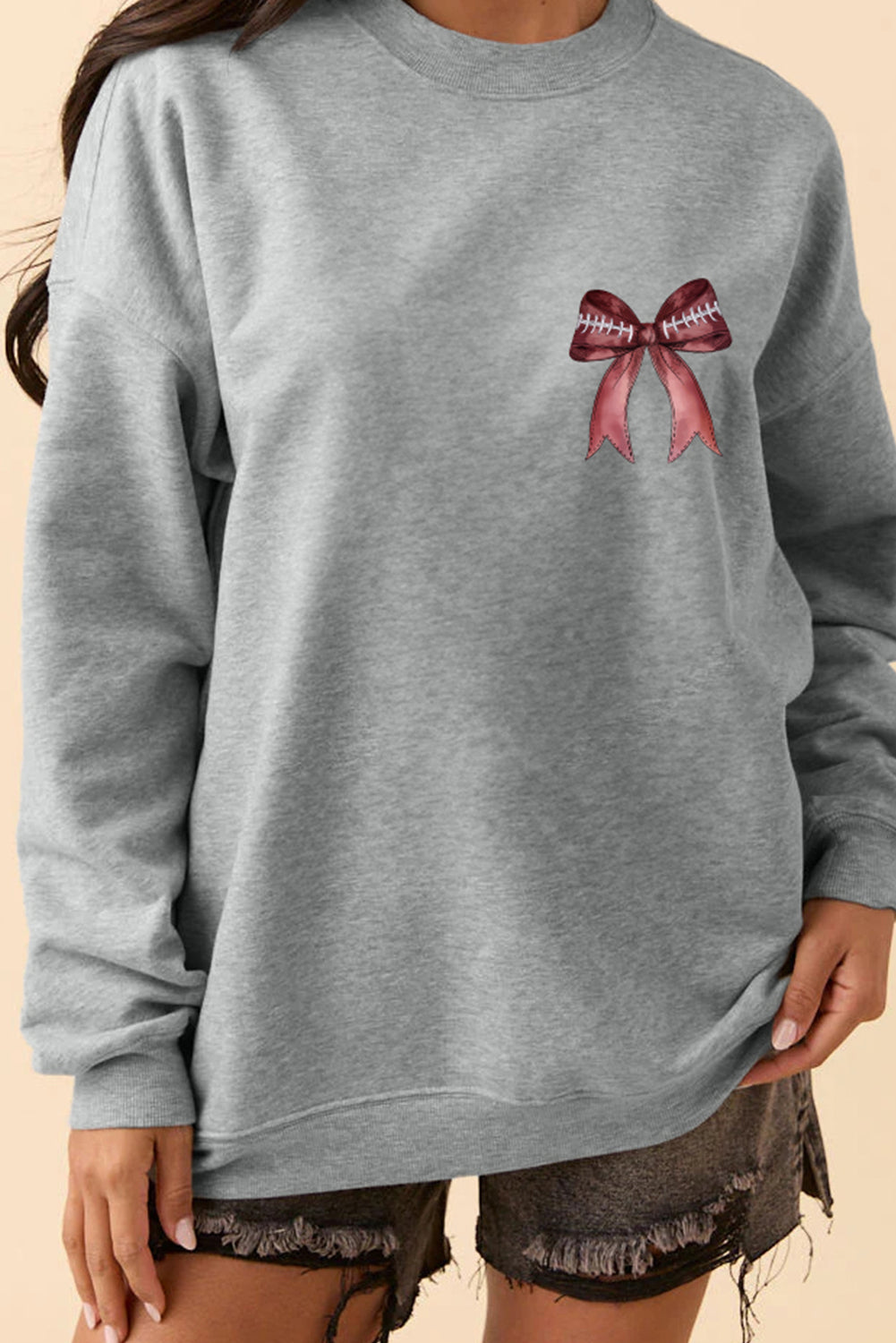 Football Bow Print Drop Shoulder Pullover Sweatshirt