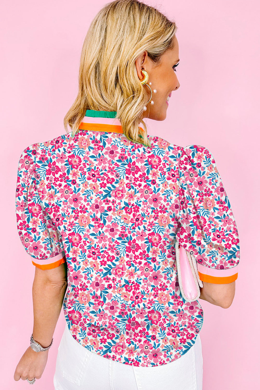 Floral Print Contrast Striped Detail Short Sleeve Blouse