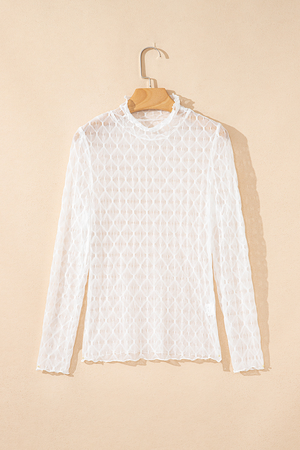 Sheer Mesh Patterned Lettuce Trim Slim Long Sleeve Top