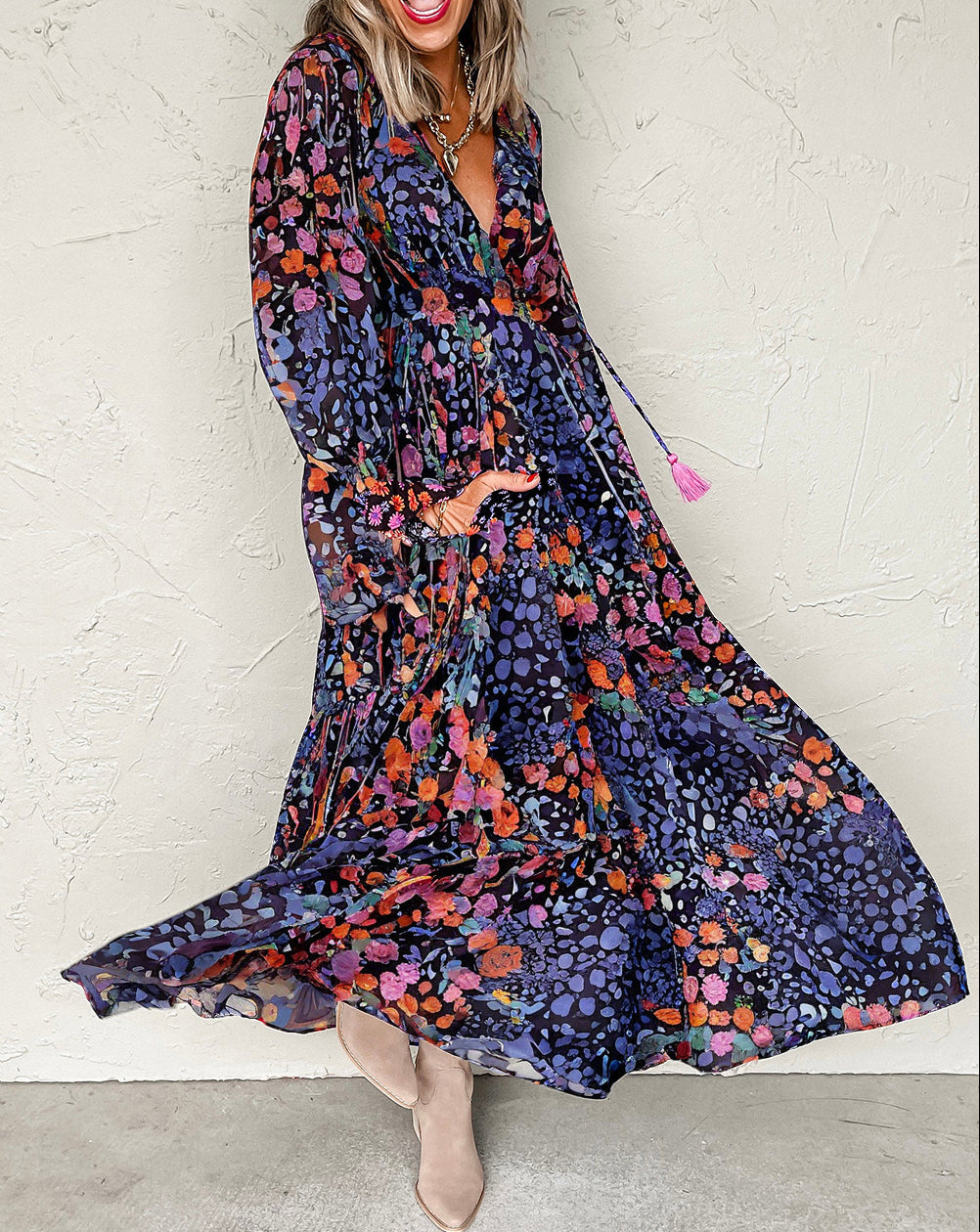 Tassel Tie V Neck Long Sleeve Flowy Long Dress