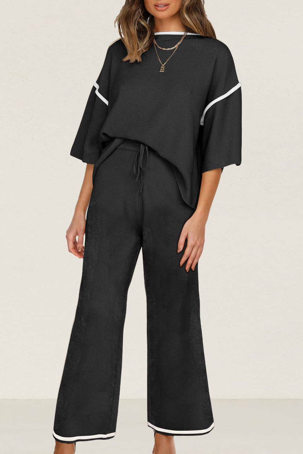 Contrast Trim Half Sleeve Top Drawstring Pants Loose 2pcs Sweater Suit