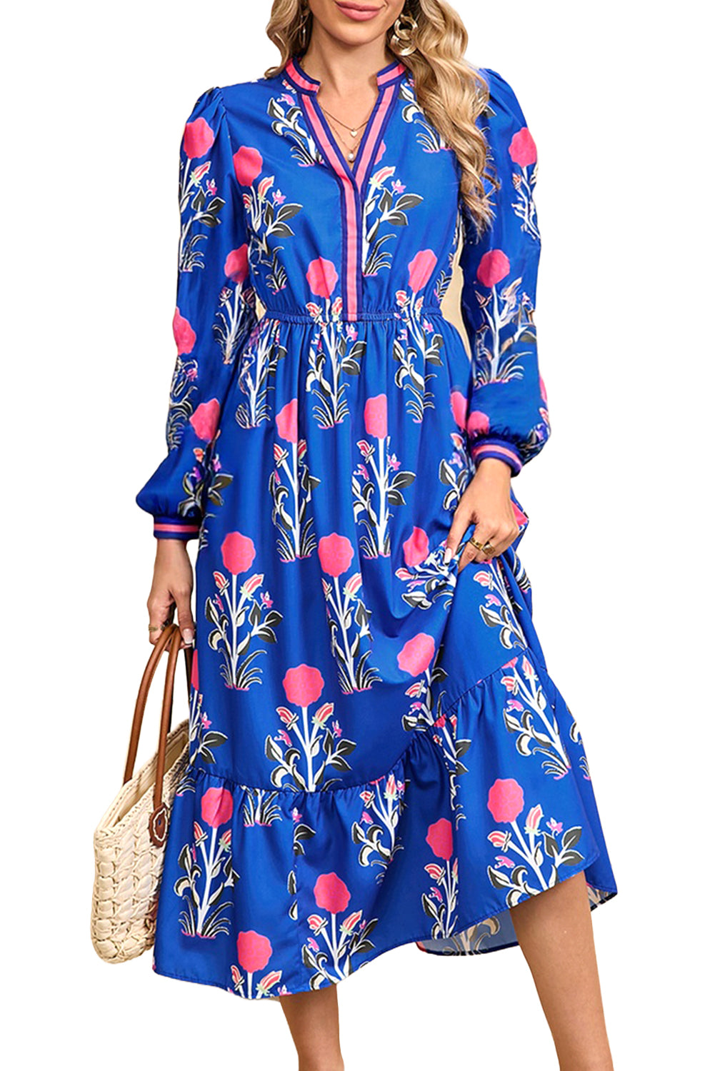 Floral Print Striped Trim Split Neck Long Sleeve Ruffle Hem Midi Dress