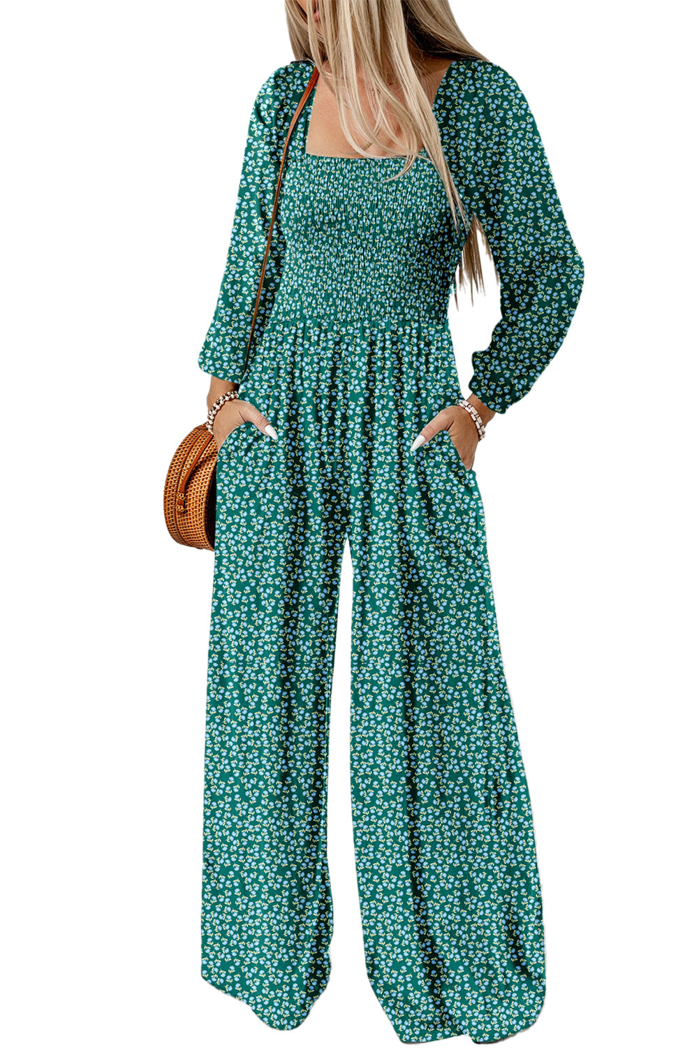Floral Print Western Smocked Bodice Square Neck Wide Leg Jumpsuit