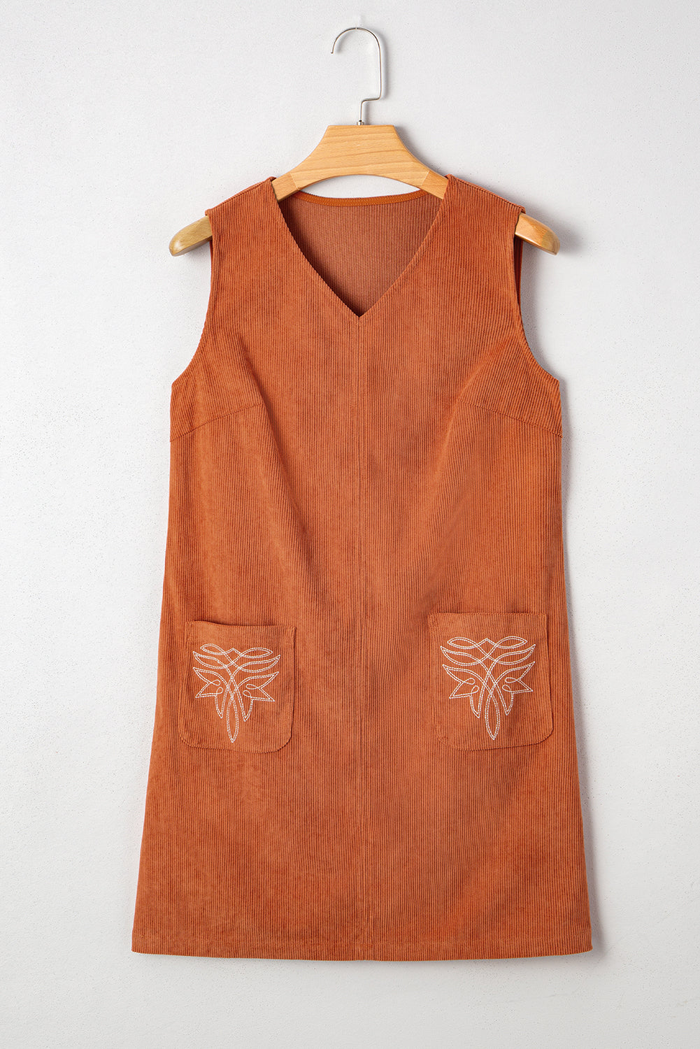 Corduroy Western Embroidered Patched Pocket Shift Sleeveless Mini Dress