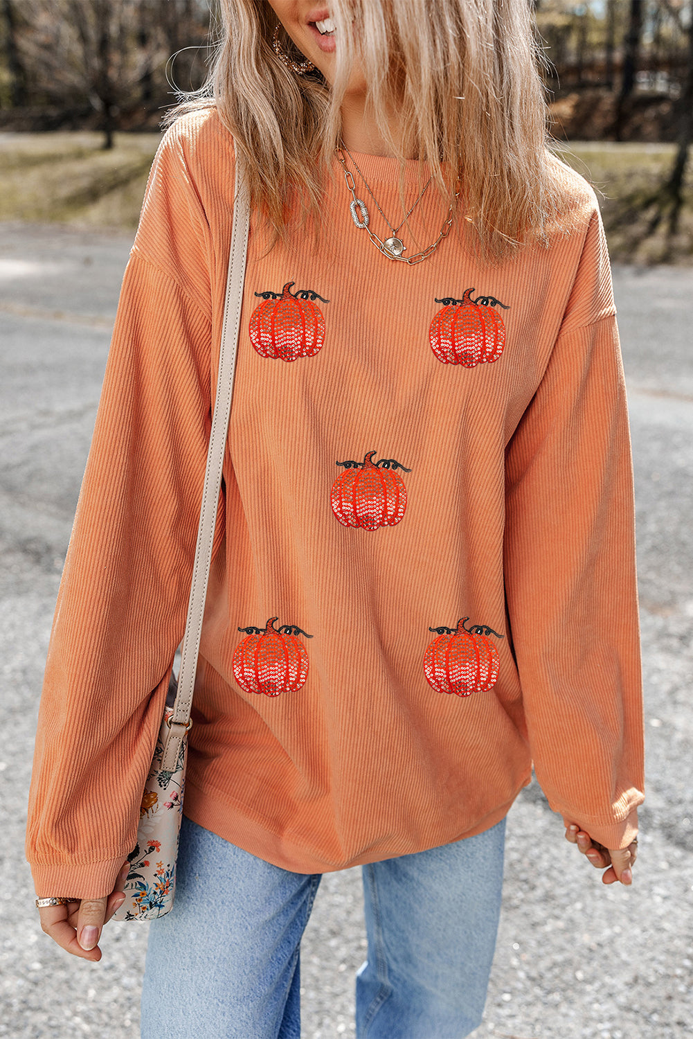 Sequin Pumpkin Patched Twisted Rib Baggy Sweatshirt