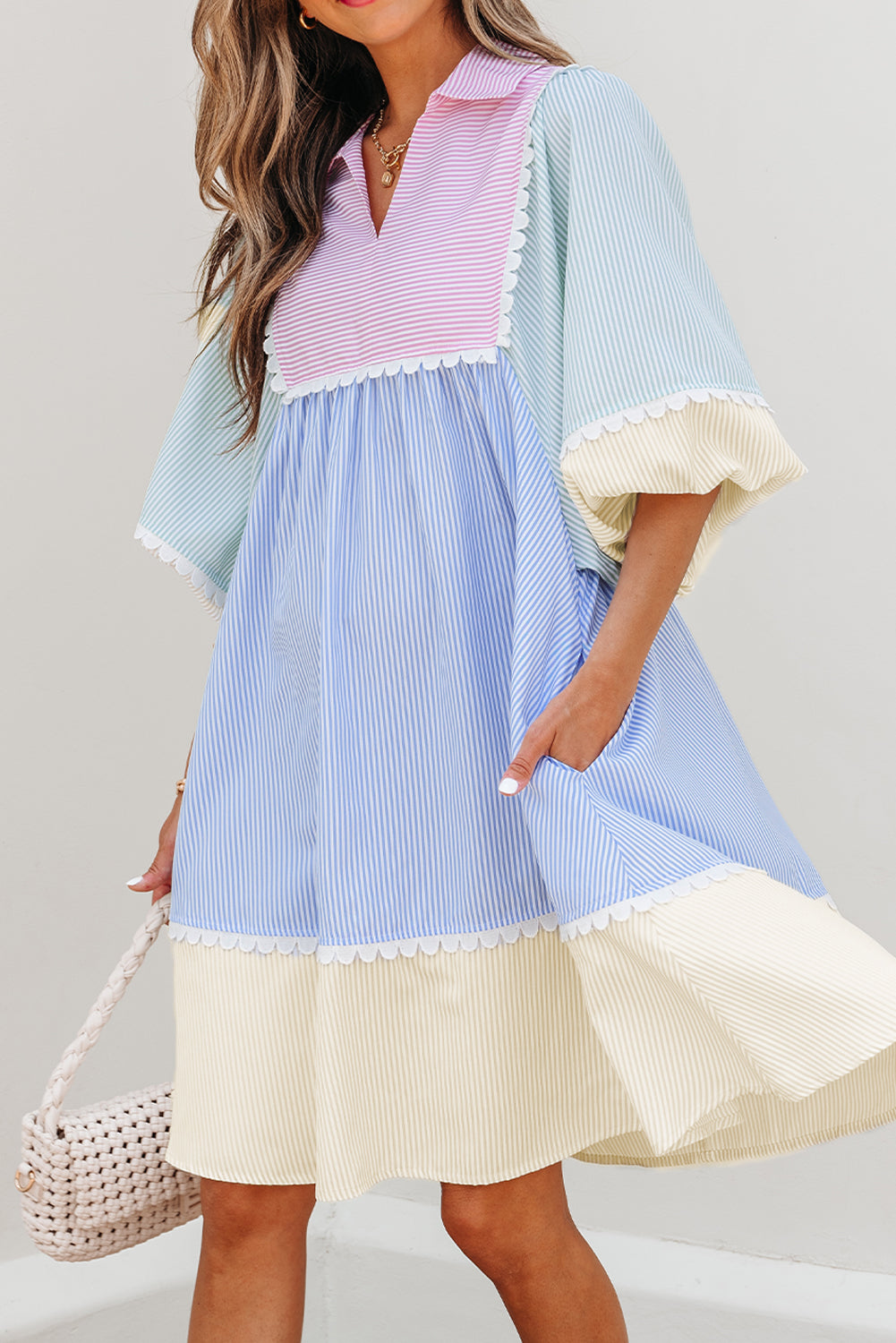 Striped Patchwork Ric Rac Puff Sleeve Collared Mini Dress