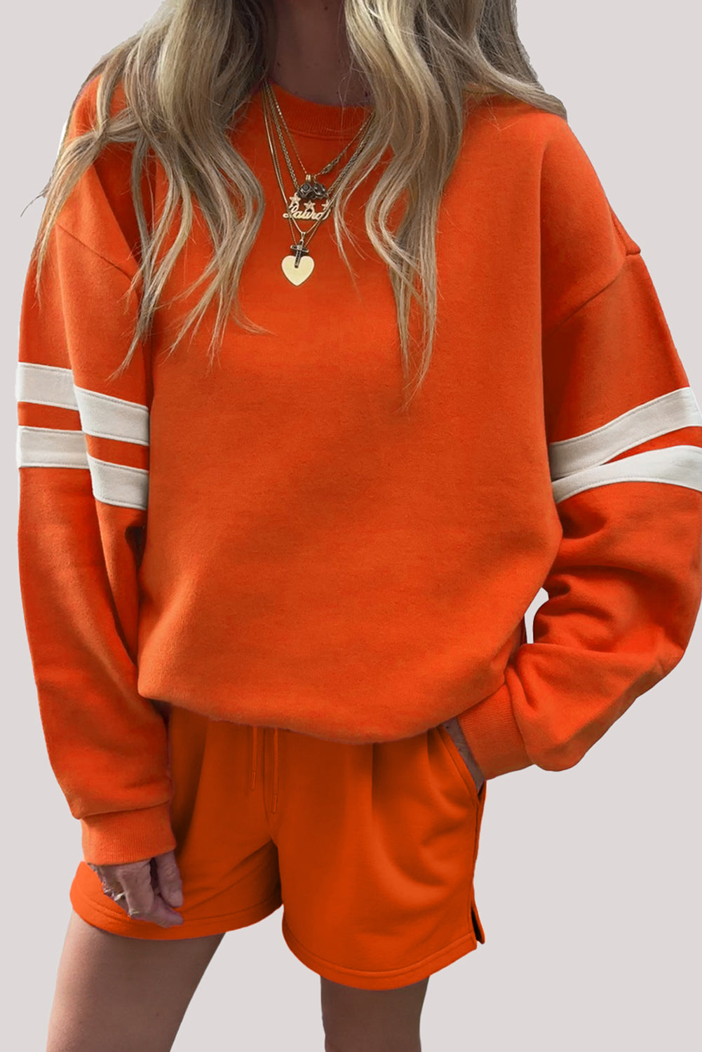 Varsity Striped Sleeve Drop Shoulder Sweatshirt and Short Set