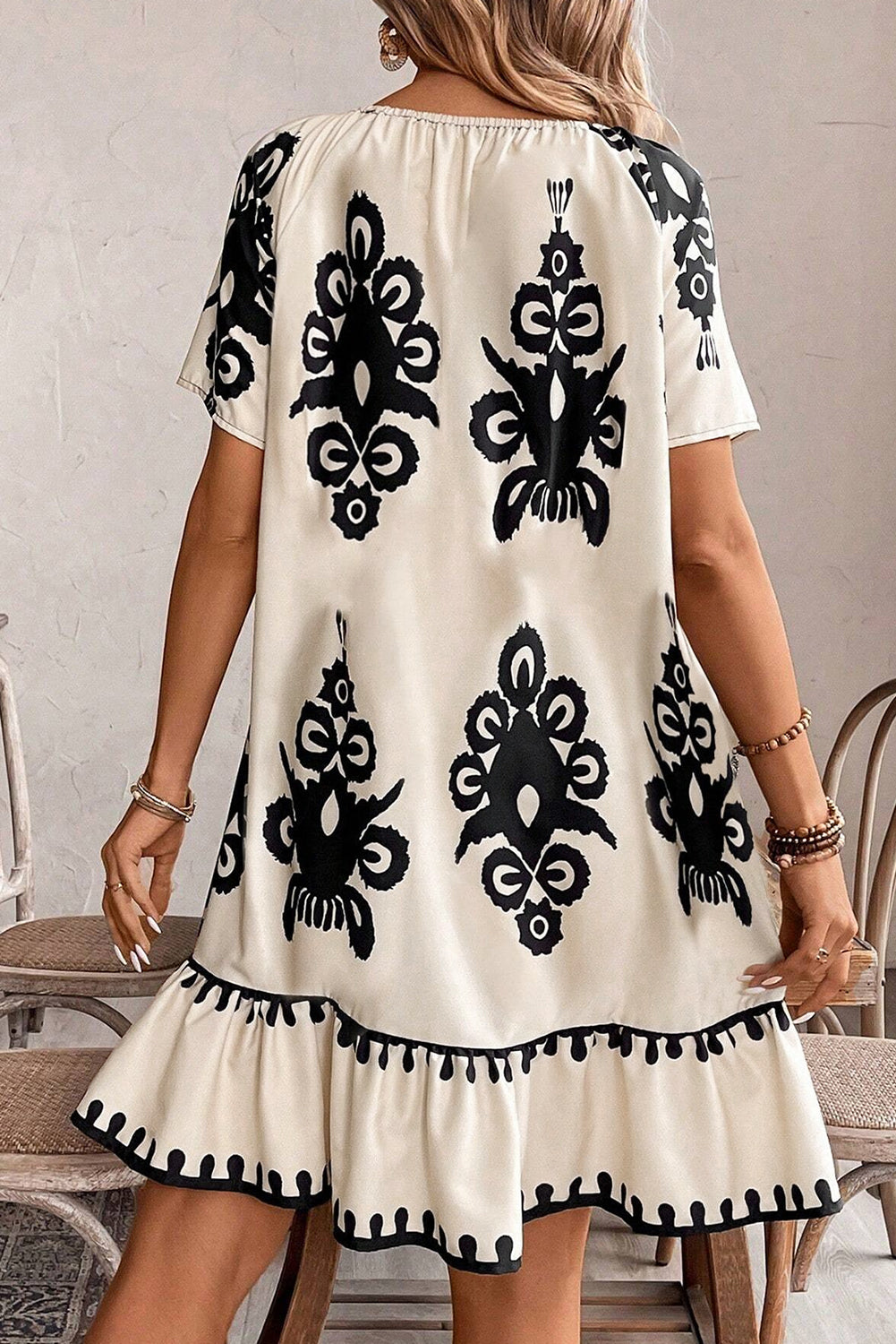 Western Print Ruffled Short Sleeve Loose Dress
