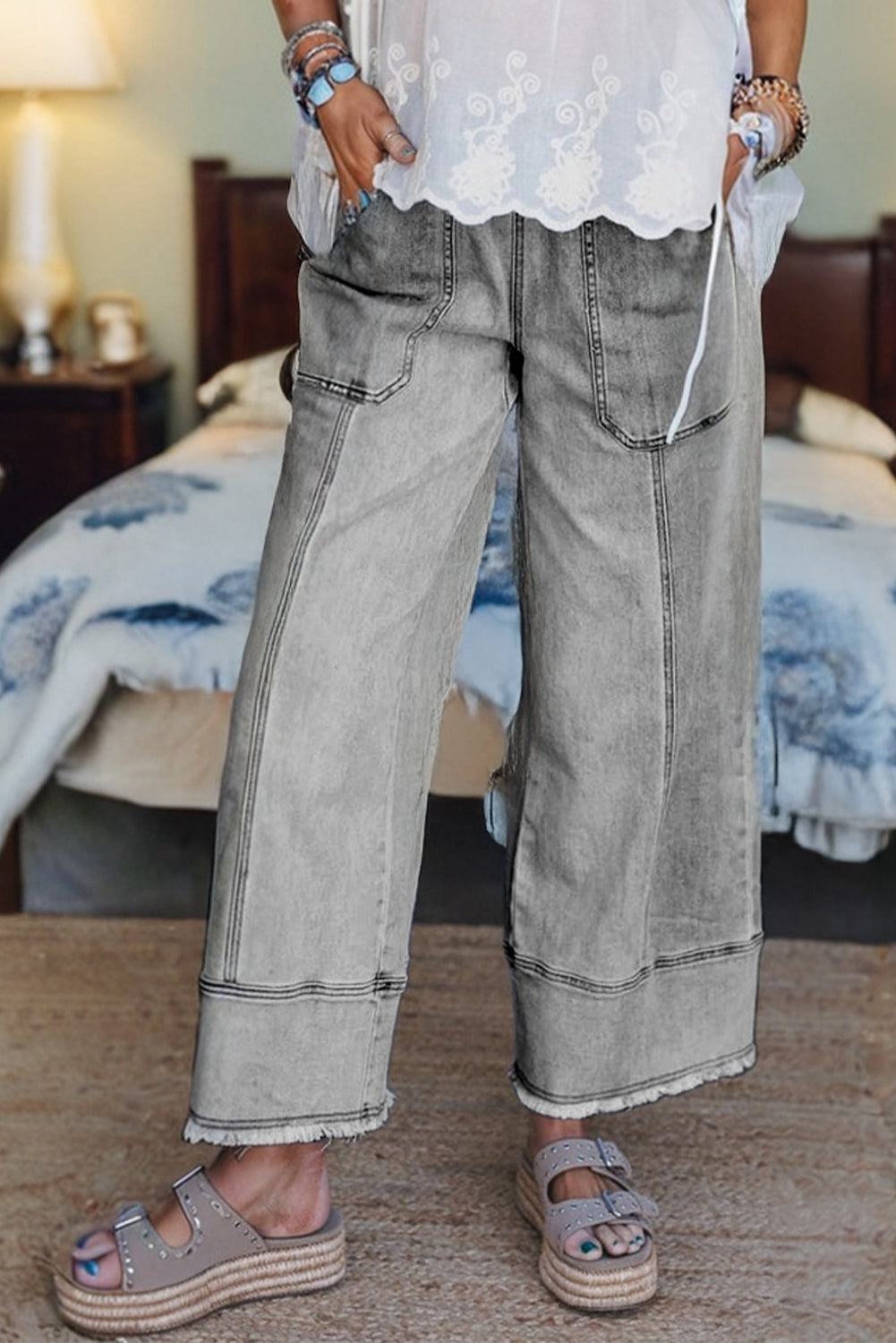 Drawstring Seam Detail Raw Hem Wide Leg Denim Pants