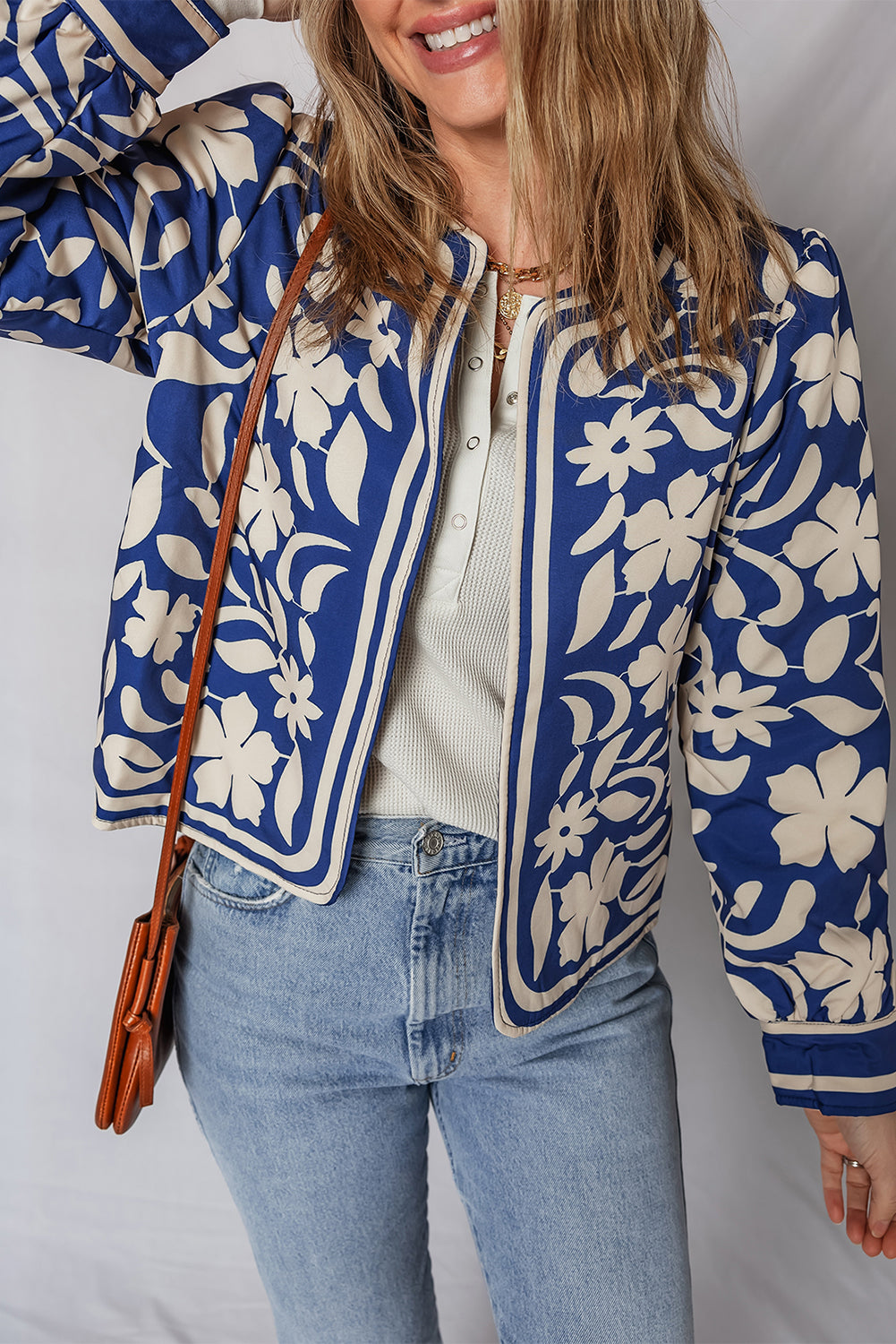 Flower Print Open Front Buttoned Cuffs Elegant Jacket