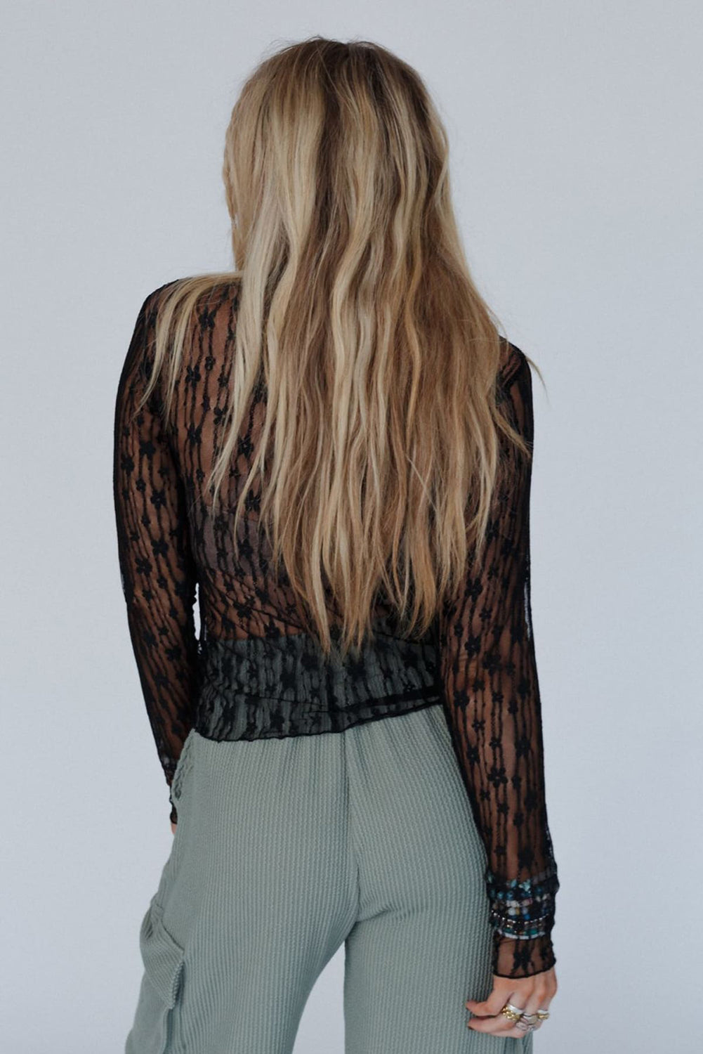 Sheer Floral Lace Long Sleeve Slim Fit Top