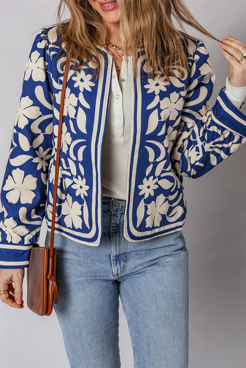 Flower Print Open Front Buttoned Cuffs Elegant Jacket