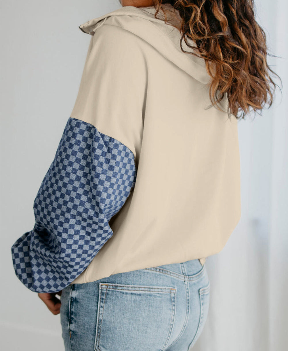 Checkered Patchwork Kangaroo Pocket Half Zipper Hoodie