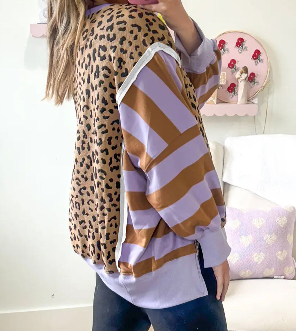 Block Patchwork Leopard Casual Sweatshirt with Slits