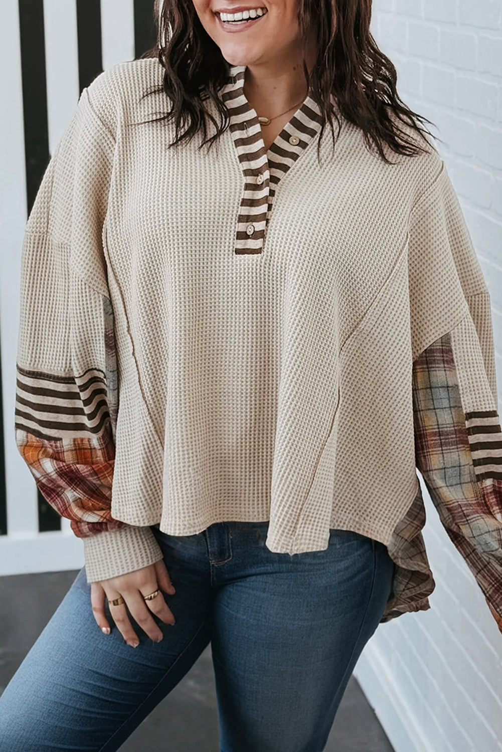 Plus Size Waffle Colorblock Striped Plaid Patchwork Half Button Pullover