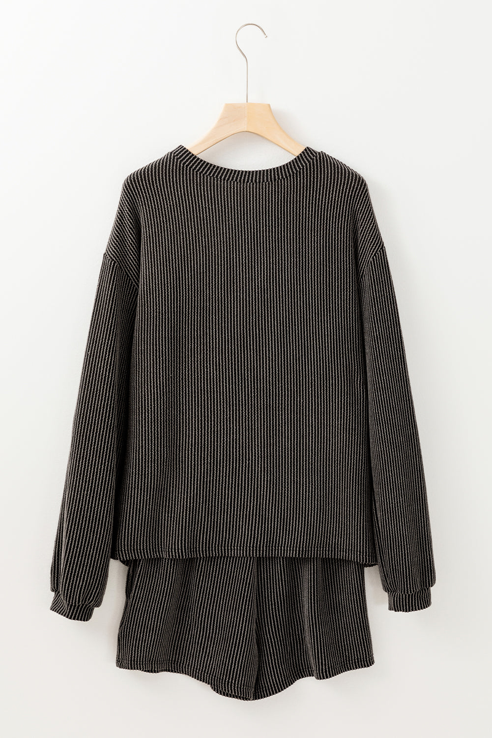 Corded Knit Long Sleeve Top and High Waist Shorts Set