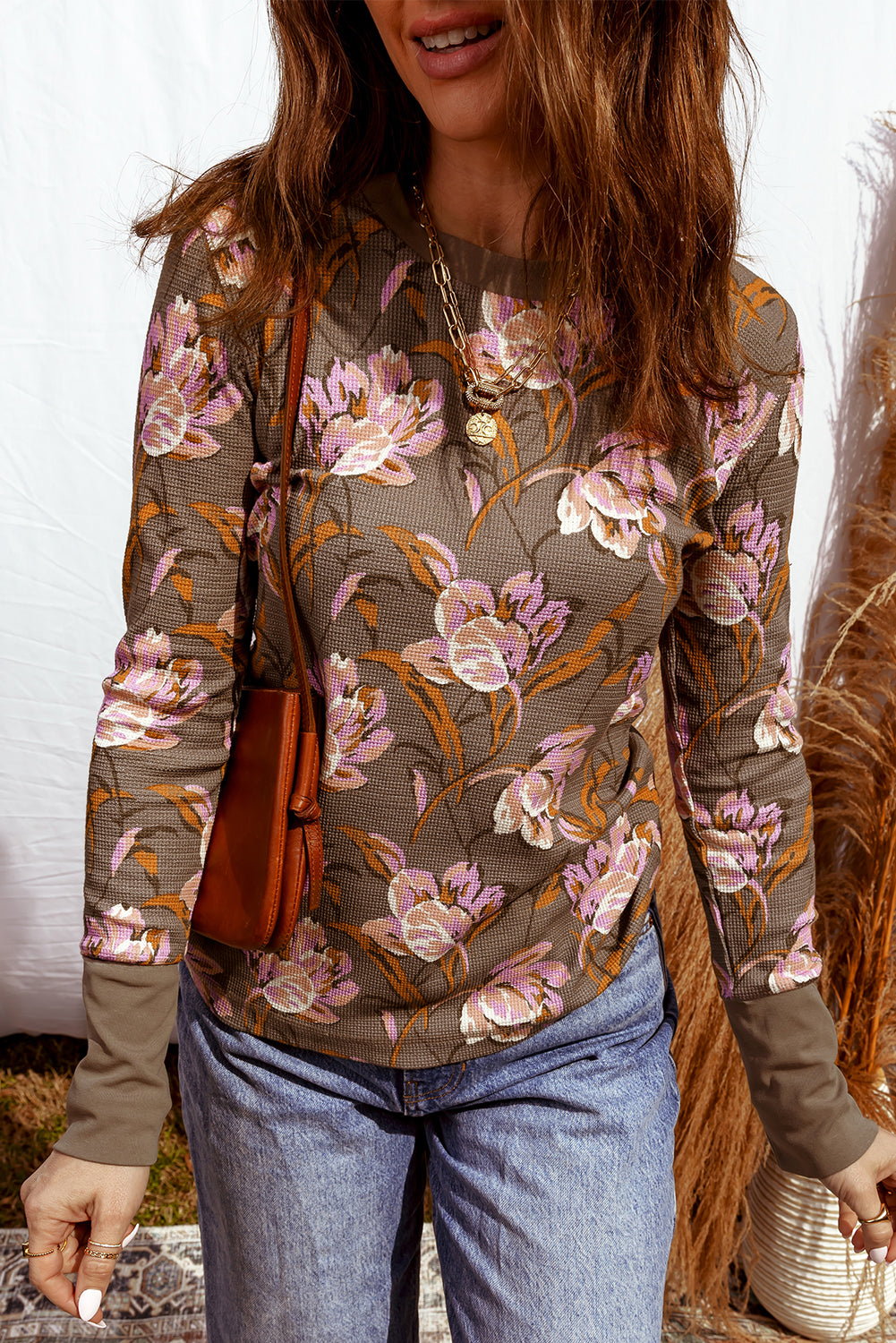 Floral Print Waffle Textured Long Sleeve Top