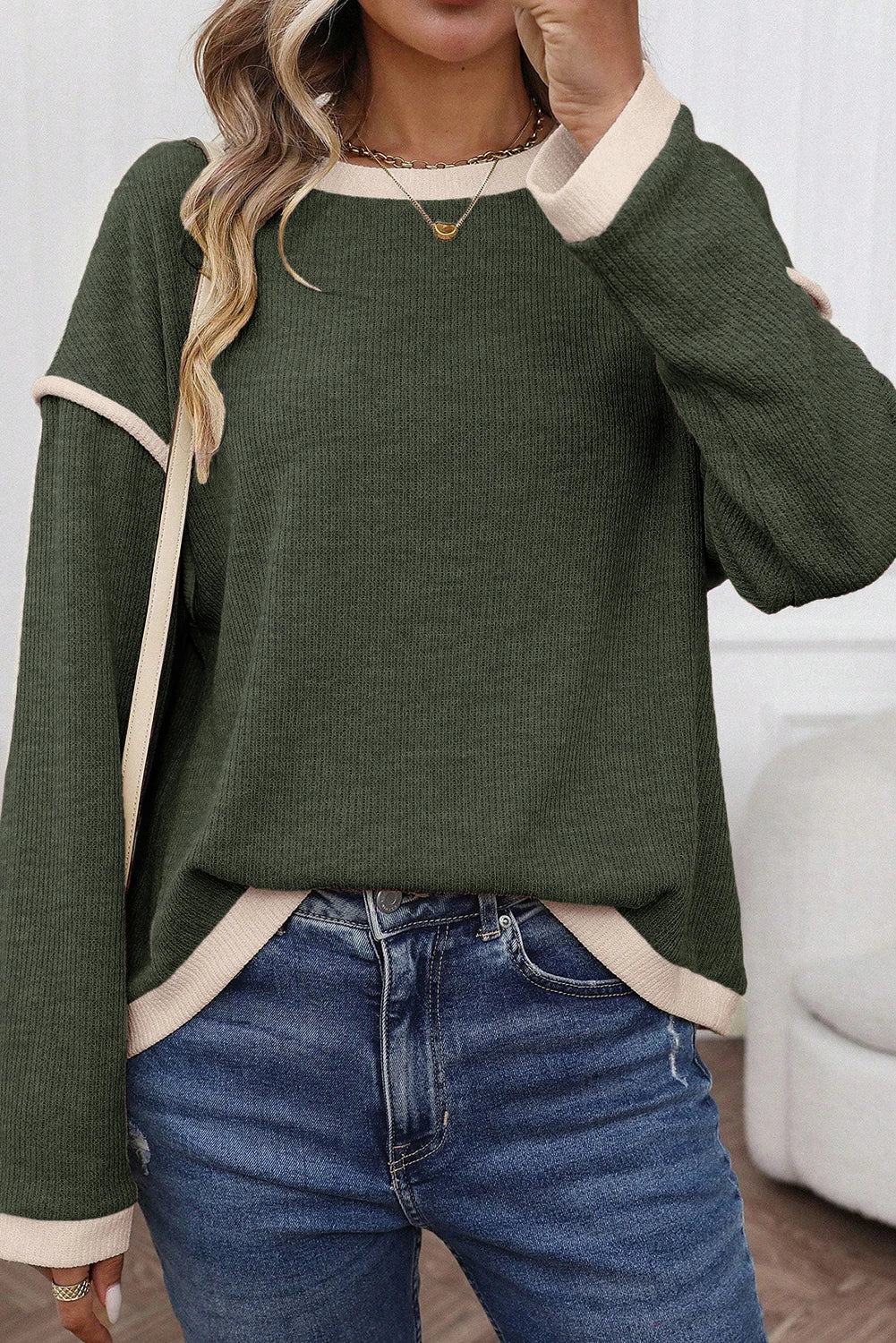 Trim Knit Drop Shoulder Loose Top