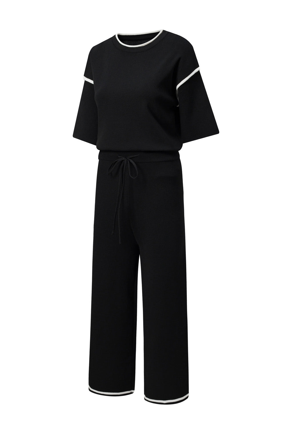 Contrast Trim Half Sleeve Top Drawstring Pants Loose 2pcs Sweater Suit