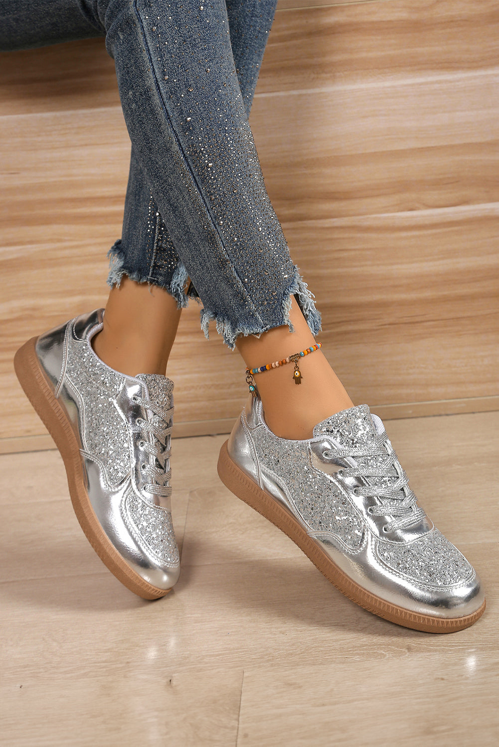 Glitter Lace Up Sequin Round Toe Flat Shoes