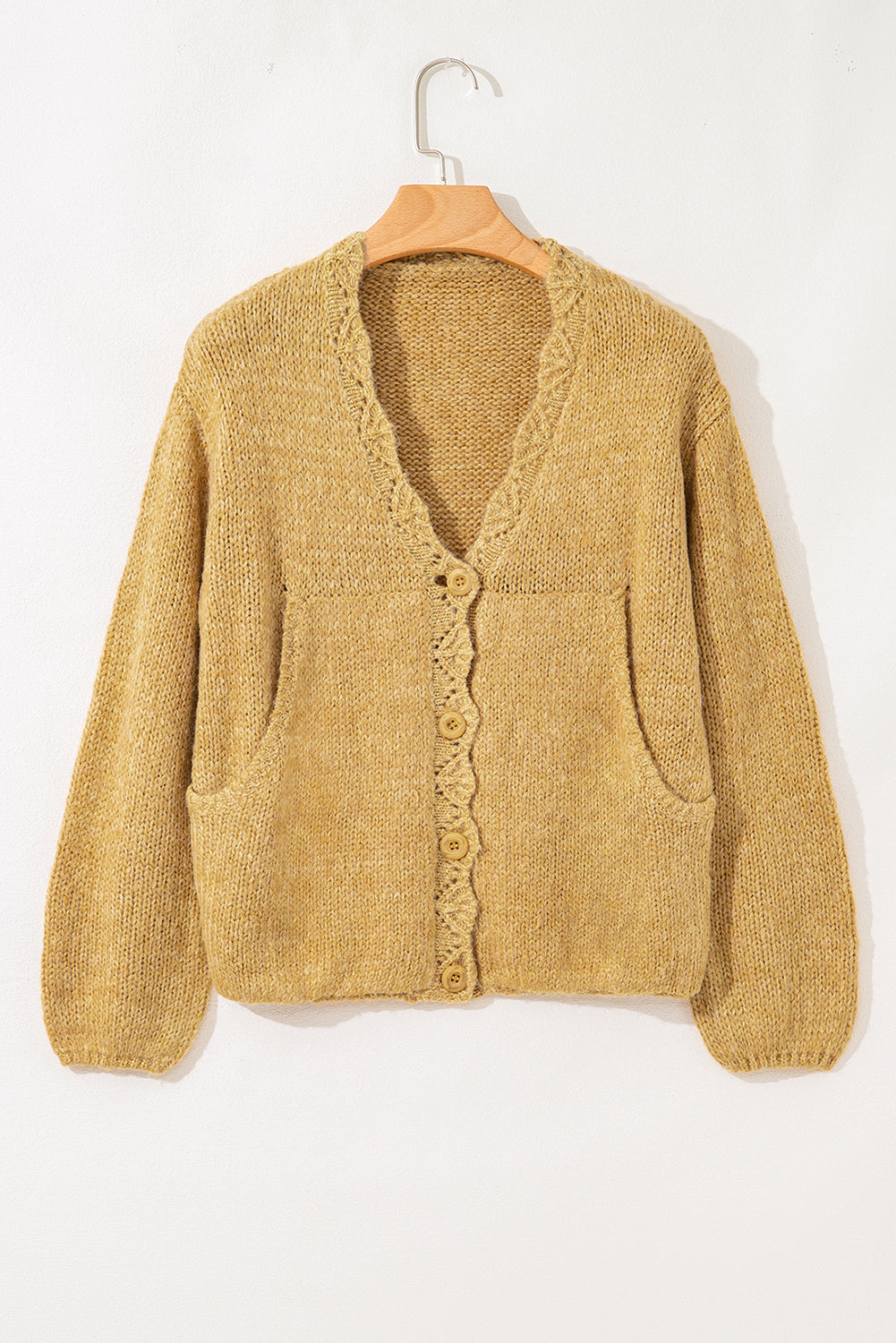 Lantern Sleeve Scallop V Neck Buttoned Front Cardigan