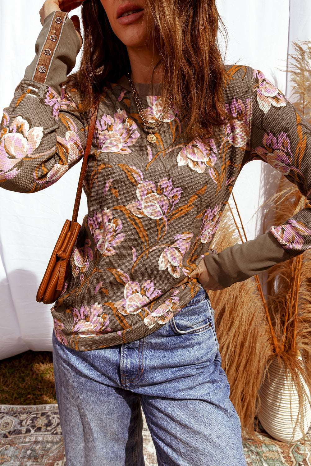 Floral Print Waffle Textured Long Sleeve Top