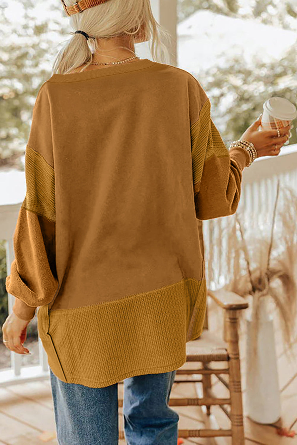 Oversized Mixed Textured Split Neck High Low Patchwork Sweatshirt